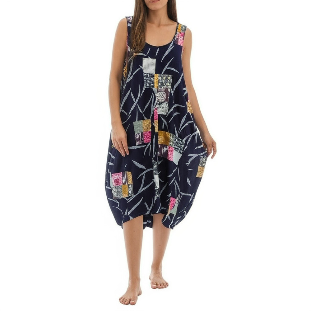 Depending On The Horizon Womens 2XL Navy Patchwork Barrel Boho Dress Lagenlook‎